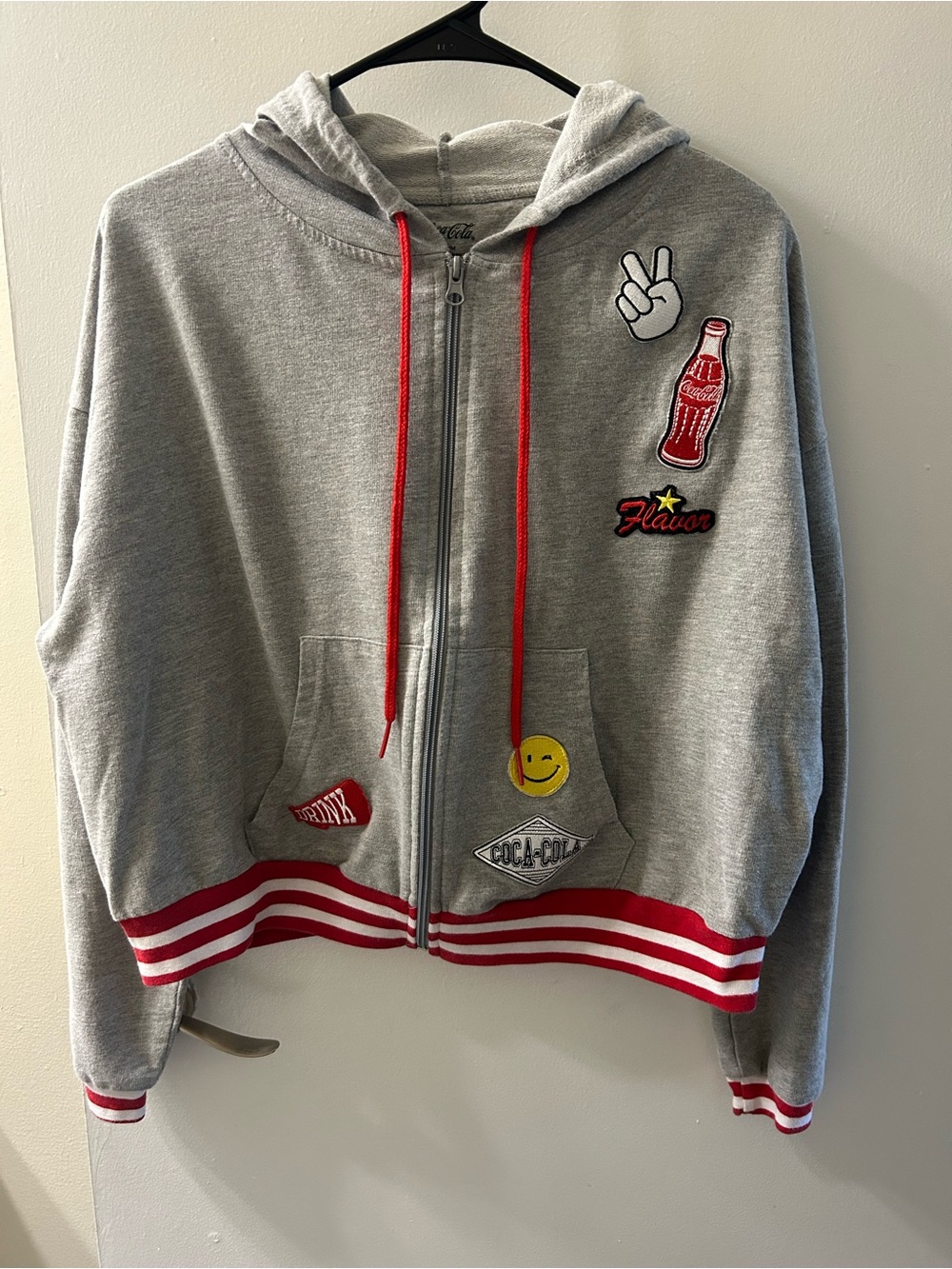 Coca Cola Gray Hoodie with Red Trim and Patch Accents
